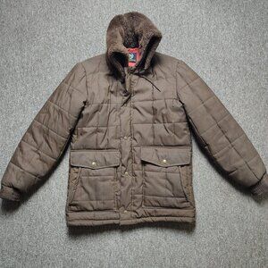 Vintage ABERDEEN Quilted Coat Men Small Brown Fax Fur High Collar Insulated Flaw